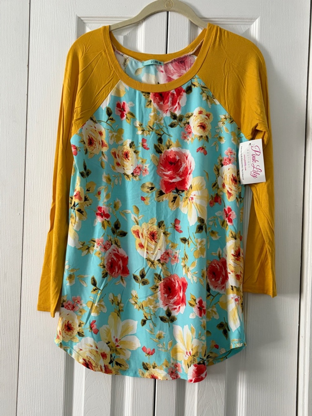 Floral Raglan Long Sleeve Top - Turquoise & Mustard